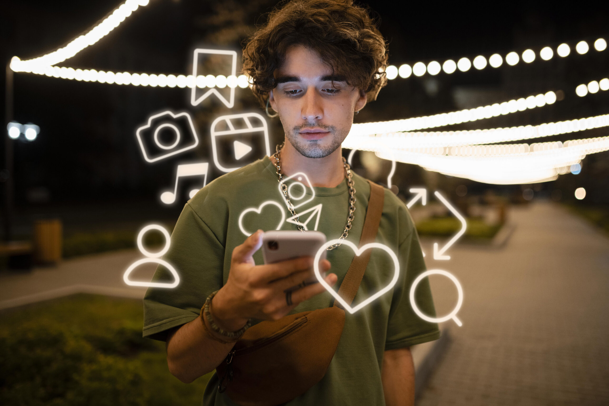 Jovem com seu celular mexendo nas redes sociais